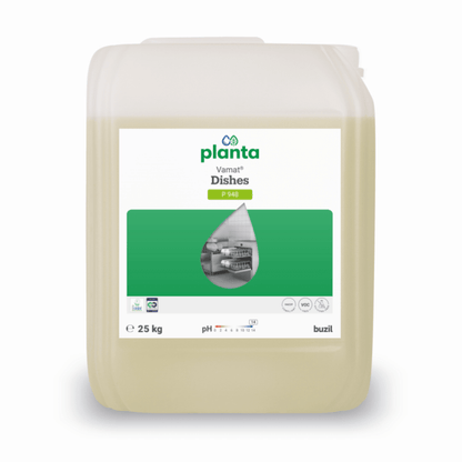 Un bidón de 25 litros de plástico transparente que contiene el lavavajillas Vamat® P948 de BUZIL-WERK, un detergente ecológico y alcalino a base de vidrio líquido para lavavajillas industriales, con una etiqueta verde y blanca y una fotografía de vajilla en la parte delantera.