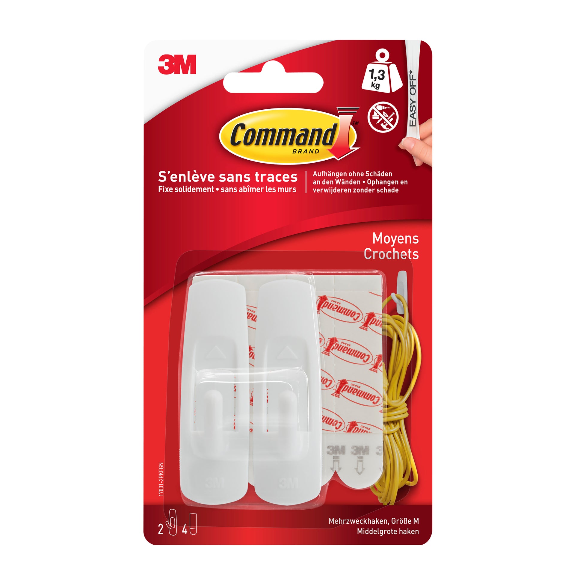 Der Mittelgroße Command™ Mehrzweckhaken M Vorteilspack (1 Stück, 17001-2) von 3M Deutschland GmbH enthält zwei weiße Haken, vier Streifen, hält bis zu 1,3 kg und ist mit französischen und deutschen Produktinformationen versehen; er lässt sich sauber entfernen.