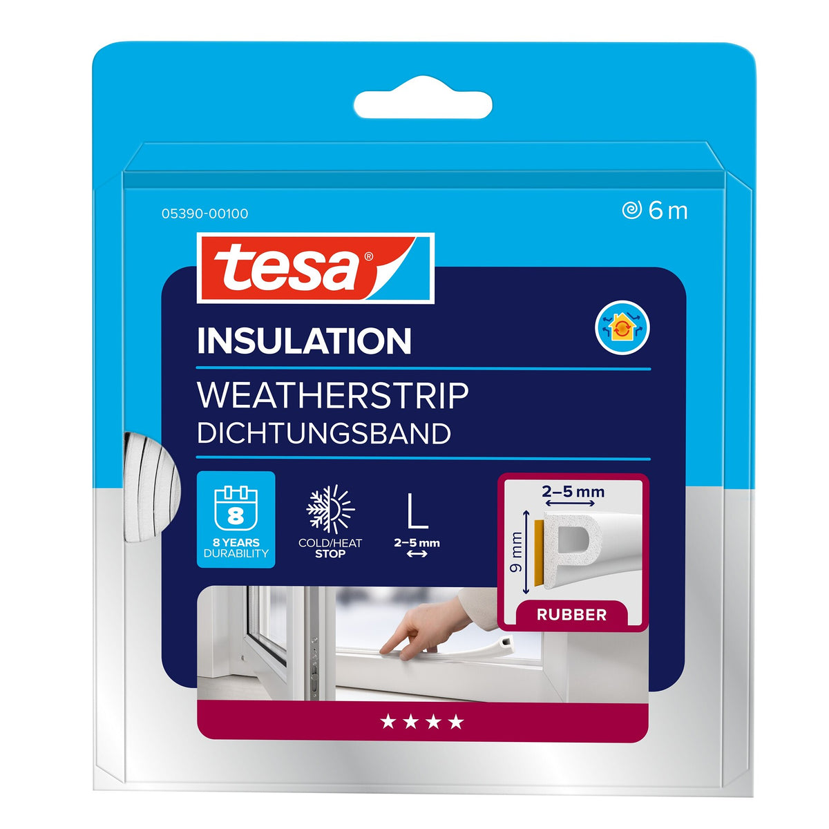 tesa INSULATION Rubber Sealing Tape L, White, 6 m x 9 mm