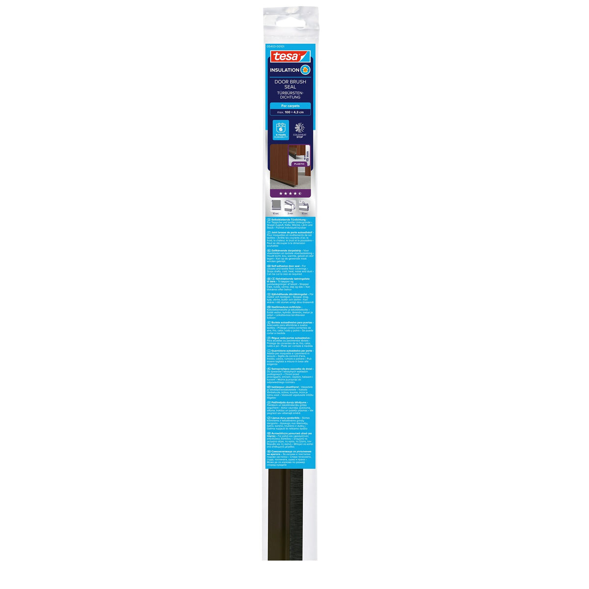 Junta de cepillo para puertas tesa INSULATION para moquetas, 1 m x 43 mm, marrón