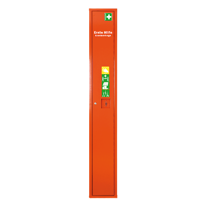 Orange First Aid Stretcher in a Freestanding Cabinet