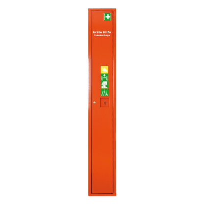 Orange First Aid Stretcher in a Freestanding Cabinet