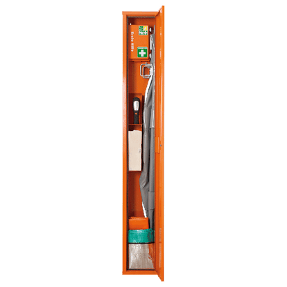 Orange First Aid Stretcher in a Freestanding Cabinet