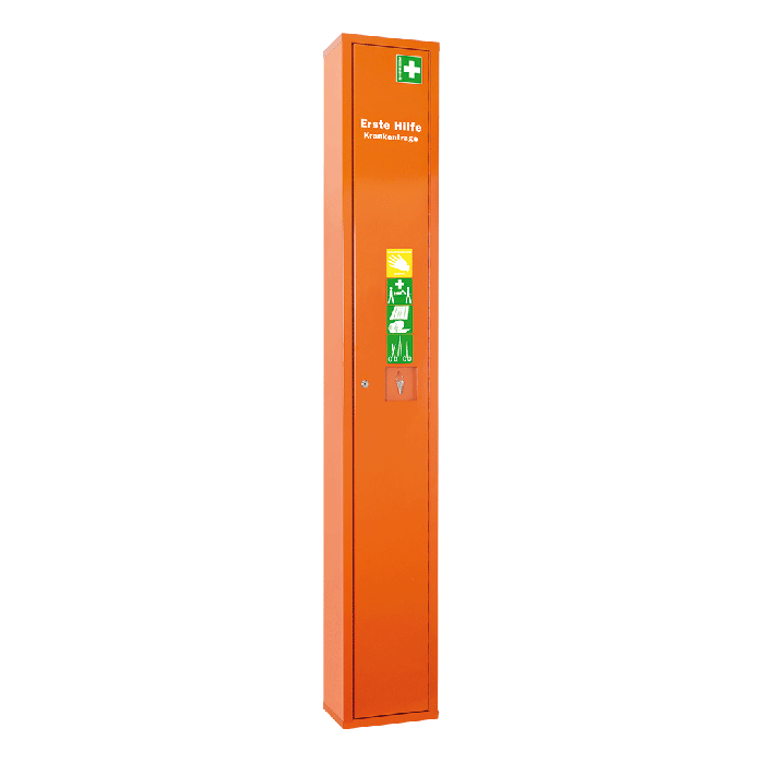 Orange First Aid Stretcher in a Freestanding Cabinet