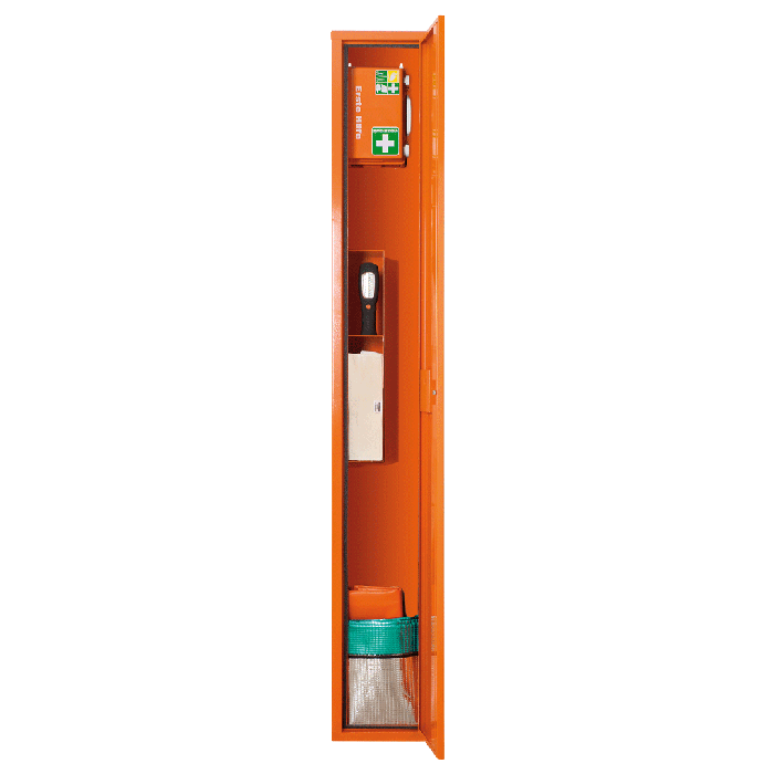 Orange First Aid Stretcher in a Freestanding Cabinet