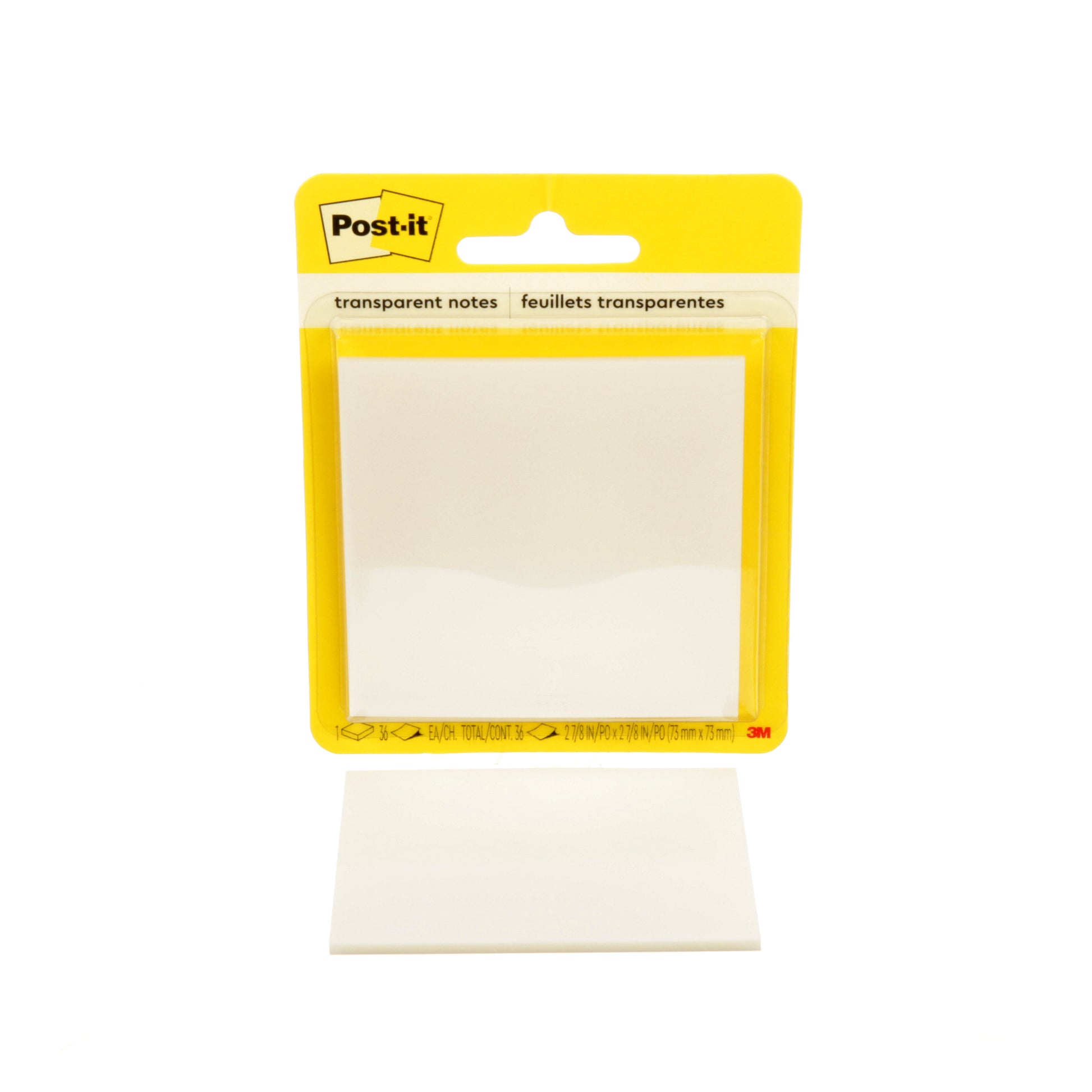 Eine Packung 3M Deutschland GmbH Post-it® Transparent Notes (73 mm x 73 mm, 36 Blatt/Block, 1 Block/Packung) hat gelbe Zettel mit klarer Kunststoffrückseite und zweisprachiger Beschriftung in Englisch und Französisch auf der Verpackung.