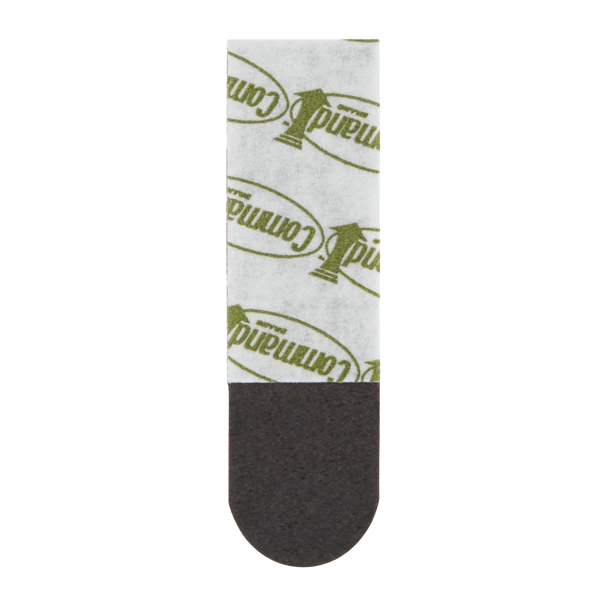 Ein einzelner Command™ Bilder-Montage Strip 17201BLK, mittelgroß in schwarz, von 3M Deutschland GmbH, mit einem abgerundeten Ende und einer abziehbaren Rückseite, die teilweise mit dem "Command"-Logo in grün bedruckt ist.