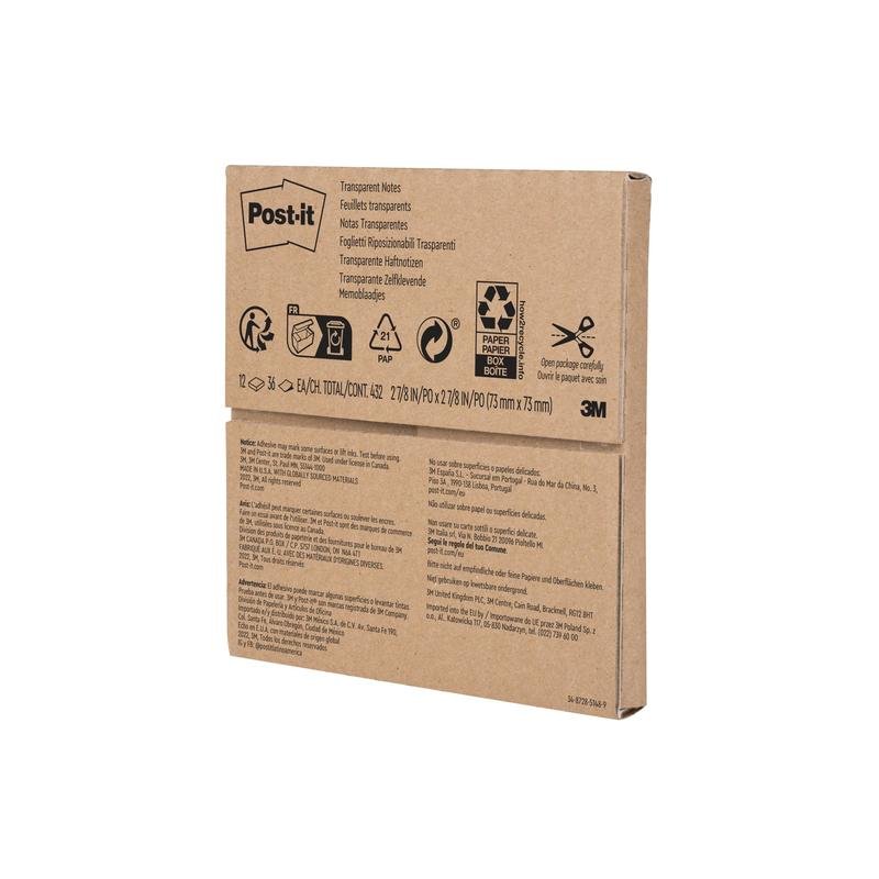 A sealed brown package of 3M Deutschland GmbH Post-it® Transparent Notes (73 x 73 mm, 36 sheets/block, 12 blocks/package) is labeled with branding, recycling symbols, and multilingual information such as "transparent notes."