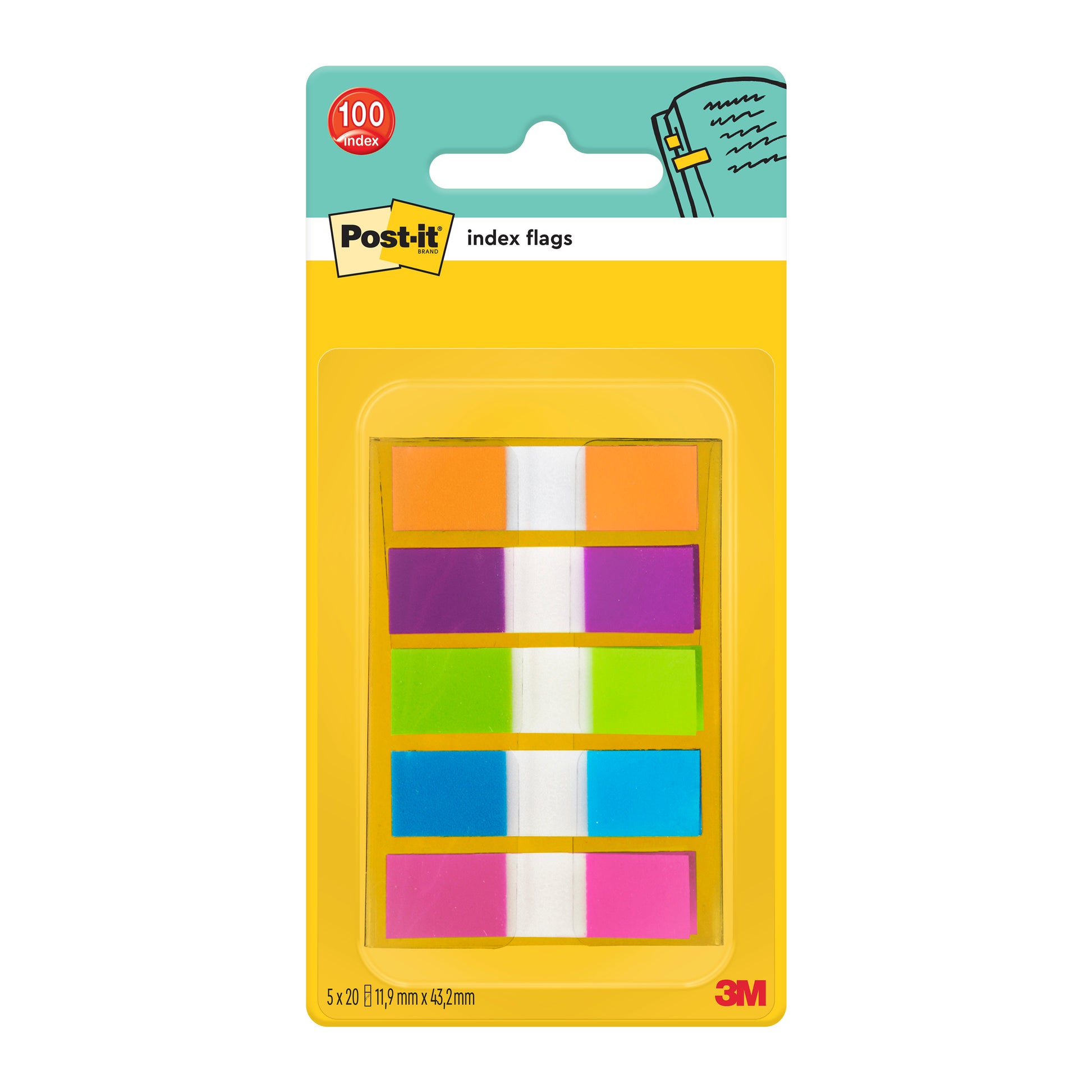Eine gelbe Packung Post-it® Index Haftstreifen, Mini (11,9 mm x 43,2 mm), von 3M Deutschland GmbH, enthält 100 Fähnchen in fünf Farben - orange, rosa, lila, blau und grün - jeweils mit einem weißen Streifen in der Mitte.