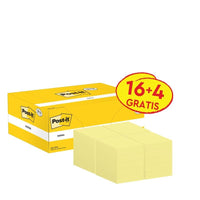 A yellow promotional pack of Post-it® sticky notes (3M Deutschland GmbH), 38x51mm, 100 sheets per pad, contains 16 pads plus 4 free (16+4 FREE). Features the iconic Post-it logo; the sticky notes are PEFC-certified (SGSCH-PEFC-COC-110078).