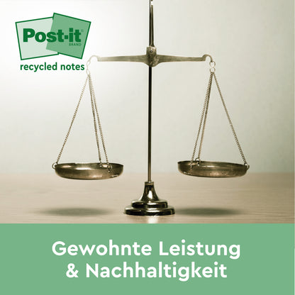 Eine ausgewogene Waage steht in der Mitte eines Tisches. Oben links erscheint das Logo "Post-it® Super Sticky 100 % Recycling Notes" von 3M Deutschland. Unten steht ein Text in deutscher Sprache: "Gewohnte Leistung & Nachhaltigkeit.