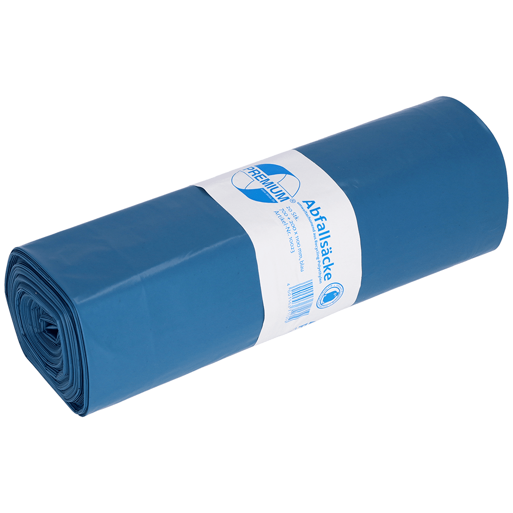A blue roll of EMIL DEISS KG (GmbH + Co.) garbage bags (DEISS 10023, 700+200x1100x0.06 mm) with a white-blue label with text and barcode, contains 20 pieces per roll.
