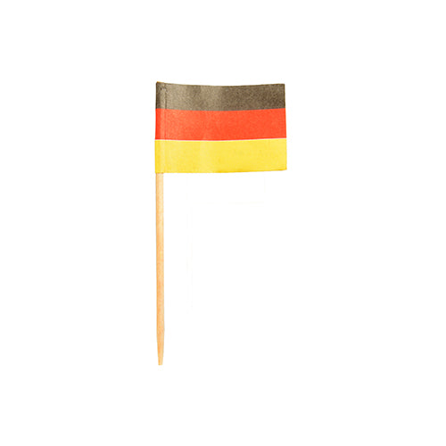 The PAPSTAR 200 decoration picks 8 cm from PAPSTAR GmbH is a small flag with horizontal black, red, and yellow stripes on a wooden stick, ideal for decorating finger food or catering, isolated on a white background.