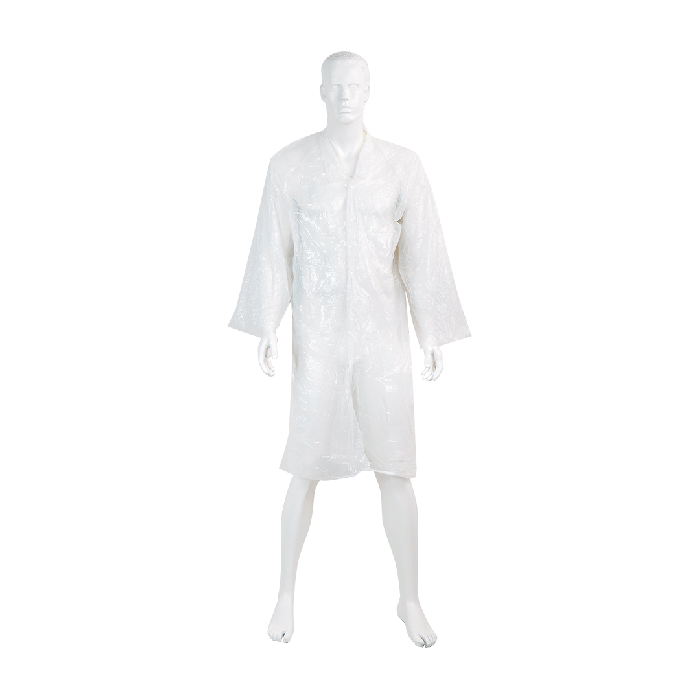 Bata protectora desechable con mangas de PE, blanca, 80 cm de ancho