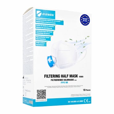 Una caja de mascarillas FFP2 «Virshields» VS005 de Mask Authority sp. z o.o., de 5 capas | 1 unidad, muestra la imagen de una mascarilla blanca con símbolos de protección y una descripción multilingüe de sus características; cada caja contiene 10 unidades.