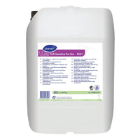 A white 20-liter container of Diversey Clax Soft Sensitive Pur-Eco, an environmentally certified, fragrance- and dye-free fabric softener from Diversey Deutschland GmbH & Co. OHG, with a purple-and-white label containing product information.