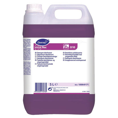 A 5-liter plastic container with Suma Bac D10 disinfectant cleaner from Diversey Deutschland GmbH & Co. OHG with violet liquid, equipped with a carrying handle and a label with product details and usage instructions.