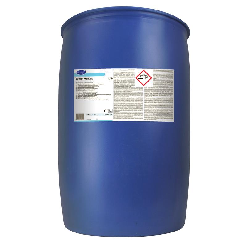 A large blue plastic drum (200 l) from Suma Med Alu by Diversey Deutschland GmbH & Co. OHG, identical in formulation to Suma Jade Pur-Eco L8, for dishwashing machines, has a white label with text and a symbol for corrosive substances; depicted upright on a white background.