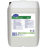 A white 10-liter plastic container containing Clax 200 PE 24D1, an eco-friendly concentrated laundry booster from Diversey Deutschland GmbH & Co. OHG, with an eco-friendly label featuring instructions for use, technical specifications, and a barcode on the front.