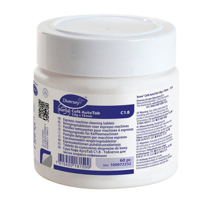 A white plastic container of Suma Café AutoTab Cleaning Tablets for Espresso Machines (60 pcs.) from Diversey Deutschland GmbH & Co. OHG with a blue and white label; effectively removes coffee fats and oils.