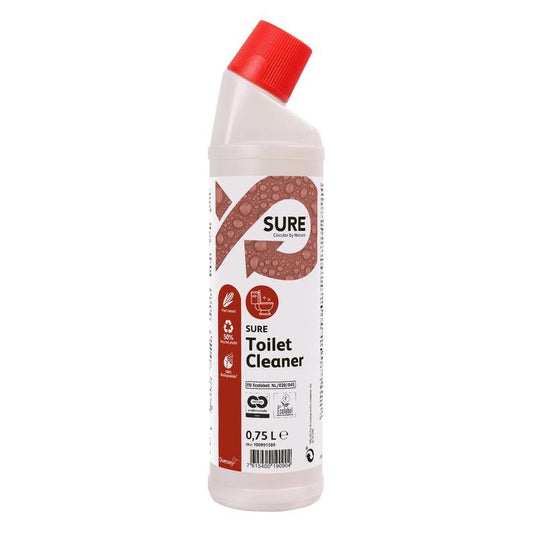 Una botella de plástico blanca de 0,75 l de «SURE Toilet Cleaner», limpiador para inodoros y urinarios de Diversey Deutschland GmbH & Co. OHG, con tapón angular rojo y etiqueta roja y blanca, garantiza una limpieza eficaz de inodoros y urinarios.