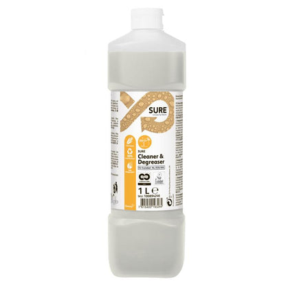 A 1-liter bottle of SURE Cleaner & Degreaser from Diversey Deutschland GmbH & Co. OHG, with a white cap and beige label, is ideal for cleaning and degreasing water-resistant surfaces.
