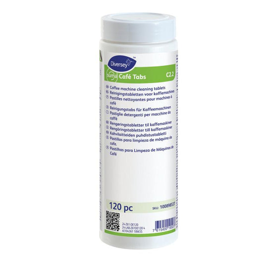 Ein weißer Kunststoffbehälter mit Suma Café Tabs C2.2 Reinigungstabs für Kaffeemaschinen (120 Stück) von Diversey Deutschland GmbH & Co. OHG zur Entfernung von Kaffeerückständen ist vor einem weißen Hintergrund mit mehrsprachiger Beschriftung abgebildet.