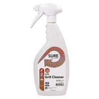 Un pulverizador blanco de 0,75 l de SURE Grill Cleaner, de Diversey Deutschland GmbH & Co. OHG, con mango curvado y boquilla pulverizadora; la etiqueta muestra burbujas, símbolos ecológicos e información sobre la limpieza eficaz de los residuos incrustados.