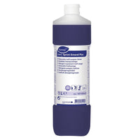 Una botella de 1 litro de TASKI Sprint Emerel Plus, un limpiador potente universal con disolventes de Diversey Deutschland GmbH & Co. OHG, con tapón blanco y etiqueta azul que incluye información sobre el producto e instrucciones en varios idiomas.