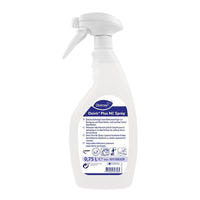 Un envase de 750 ml de DI Oxivir Plus NC Spray, un limpiador desinfectante a base de AHP de Diversey Deutschland GmbH & Co. OHG, listo para su uso, con pulverizador y etiqueta multilingüe, para la limpieza higiénica de todo tipo de superficies.
