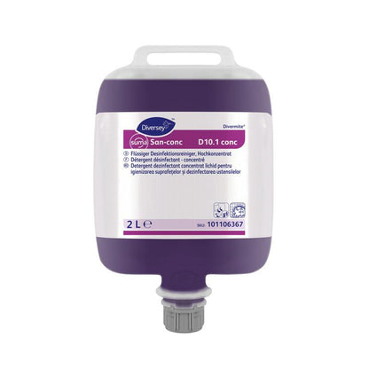 Ein 2-Liter-Beutel Diversey Suma San-conc D10.1-conc Desinfektionsreiniger, hochkonzentriert, von Diversey Deutschland GmbH & Co. OHG, mit Produktinformationen und SKU 101106367, lila Etikett und weißer Kappe.