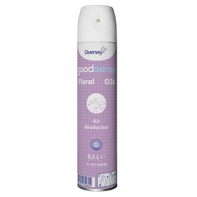 A 300 ml can of Good Sense Floral Air Freshener and Odor Neutralizer from Diversey Germany with a purple label and white cap ensures a pleasant, fresh environment.