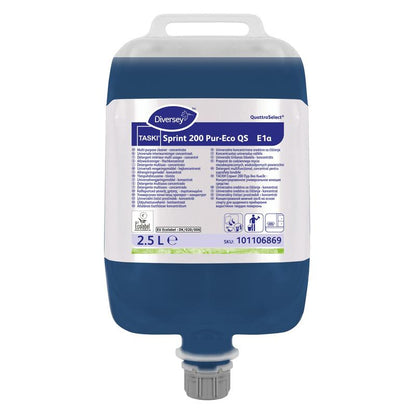 Ein 2,5-Liter-Behälter Diversey TASKI Sprint 200 Pur-Eco, ein neutraler, streifenfreier Oberflächenreiniger mit EU-Umweltzeichen von Diversey Deutschland GmbH & Co. OHG; blaue Flüssigkeit, mehrsprachiges Etikett, graue Dosierkappe am Boden.
