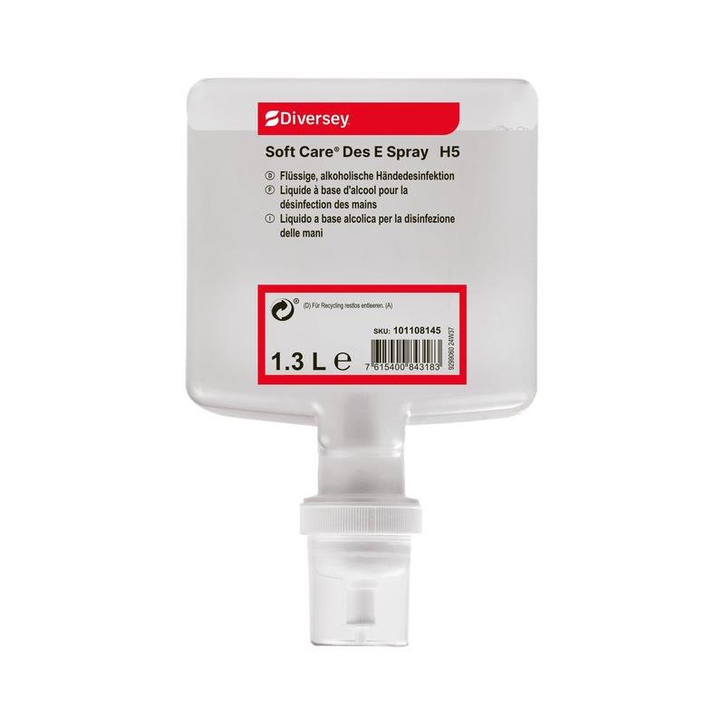 El Soft Care Des E Spray H5 desinfectante de manos de 1,3 litros de Diversey Deutschland GmbH & Co. OHG cuenta con un etiquetado multilingüe, un código de barras visible en la parte frontal y es ideal para llevar en forma de spray práctica.