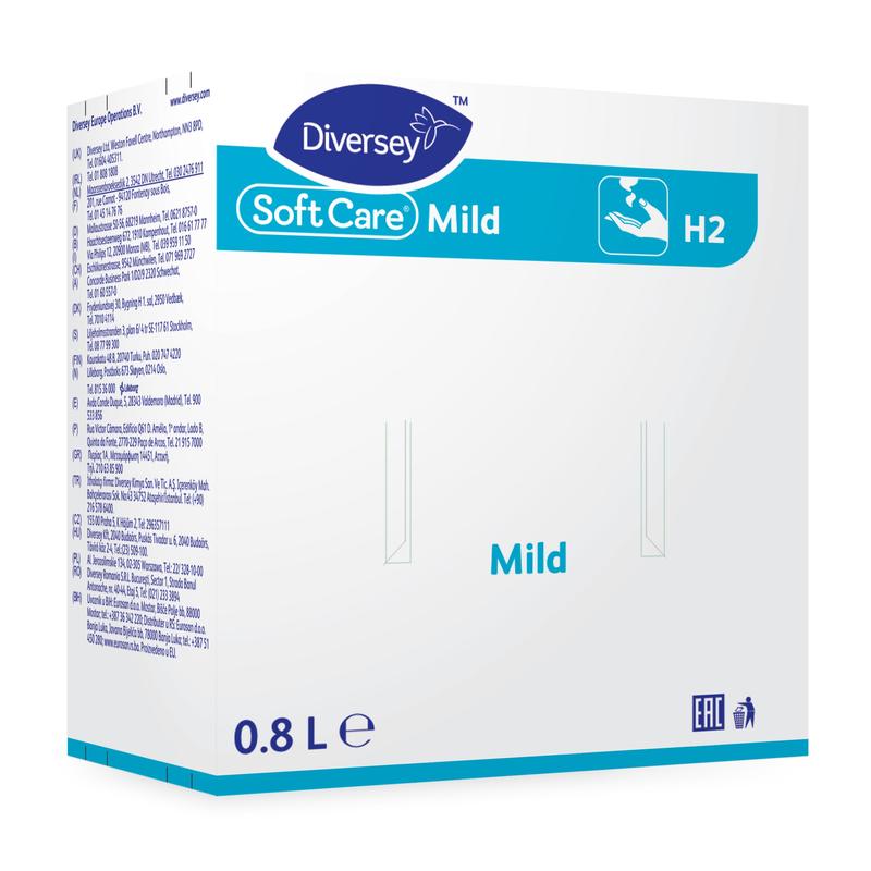 Una caja blanco-azul con la inscripción "Diversey Soft Care Mild" (800 ml) de Diversey Deutschland GmbH & Co. OHG muestra un símbolo de lavado de manos y anuncia la loción de jabón suave para la limpieza de manos.