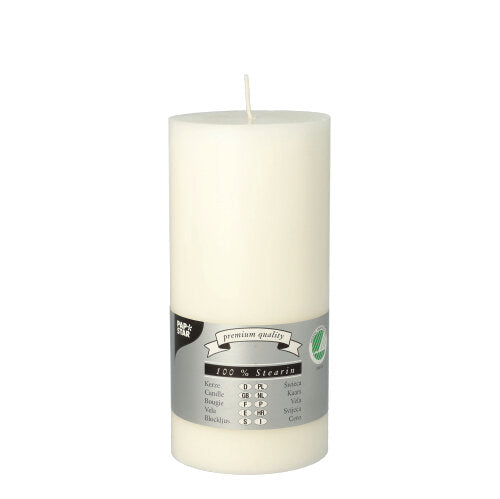 The PAPSTAR pillar candle Ø 70 mm, 150 mm from PAPSTAR GmbH is a large, white fully colored candle with a wick, marked with a gray band indicating it is made from 100% stearin and providing the burning duration in multiple languages.