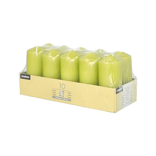 Starpak 10 pillar candles, Ø 40 mm × 90 mm, yellow, with a long burn time—arranged in two rows, packaged in a clear, rectangular box with product information. Ideal for creating a romantic atmosphere.