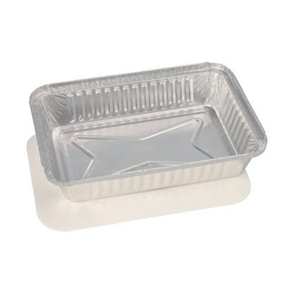 The Starpak 5 trays, aluminum + insert lid, PE-coated rectangular by Starpak feature rectangular aluminum trays with ribbed sides and plain white PE-coated lids - ideal for use in gastronomy.
