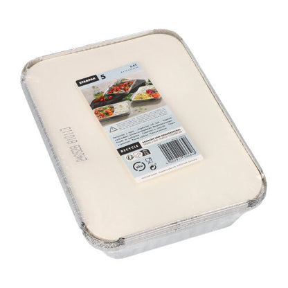Starpak 5 trays, aluminum rectangular with PE-coated insert lid in plastic packaging including product label with images - ideal for gastronomy needs.