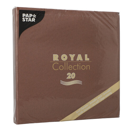 En brun kvadratisk pakke PAPSTAR 20 servietter "ROYAL Collection" 1/4-brett (40x40 cm) fra PAPSTAR GmbH, med gylden og hvit skrift, forseglet i klar plast - ideelt for borddekorasjon.