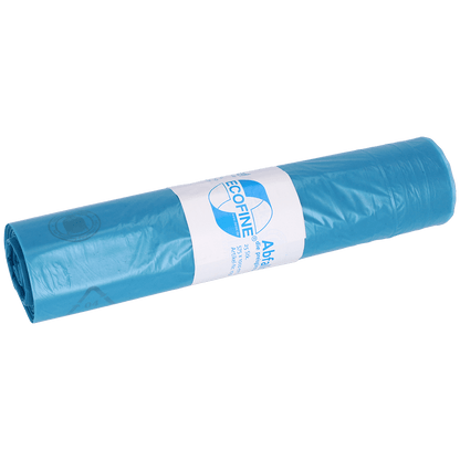 Pictured is a roll of EMIL DEISS KG (GmbH + Co.) DEISS garbage bags 575x1000 mm 120 l made from recycled LDPE/LLDPE, featuring a white label with text and logo on a white background.