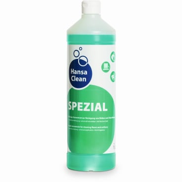 Una botella de 1L de Dr. Schumacher HANSA CLEAN SPEZIAL de Dr. Schumacher GmbH con tapa blanca, líquido verde y una etiqueta blanco-verde con acentos azules subraya la fuerza contra la suciedad persistente.