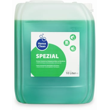 Contenedor de 10 litros de plástico transparente con Dr. Schumacher HANSA CLEAN SPEZIAL de Dr. Schumacher GmbH, con limpiador líquido verde para suelos y superficies, contra la suciedad persistente. Etiqueta blanco-verde con símbolos y texto.