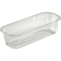 La bandeja APET transparente de 260 x 110 x 68 mm de Duni GmbH, ideal para alimentos, es un recipiente rectangular transparente para alimentos con esquinas ligeramente redondeadas y fondo plano, que se muestra vacía sobre un fondo blanco. Paquete: 350 unidades.