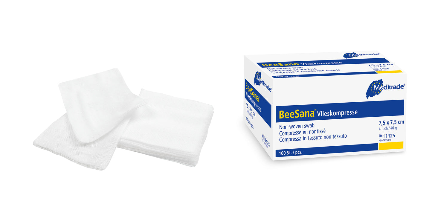 Compresa de vellón BeeSana®, no estéril, cuádruple, 40 g, 7,5 x 7,5 cm | Paquete (100 piezas)