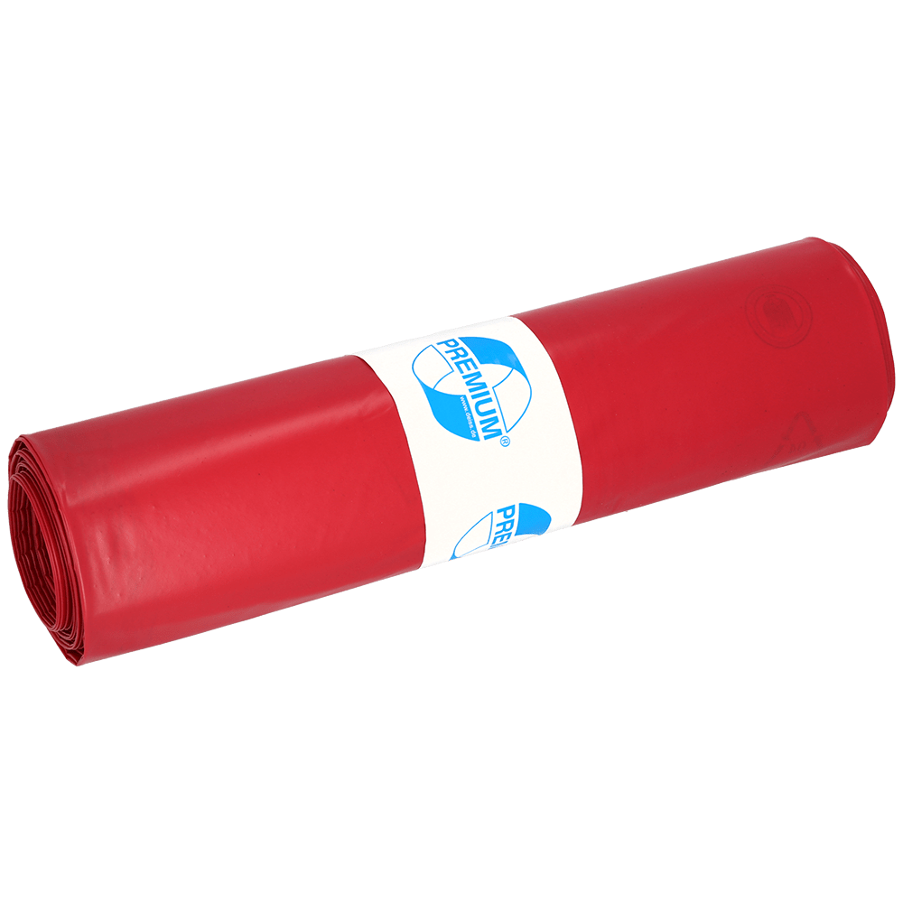 Un rollo de bolsas de basura rojas DEISS 11306 (800x1000x0,1 mm, 15 piezas) de EMIL DEISS KG (GmbH + Co.), empaquetado en una etiqueta blanca con texto y gráficos azules, se muestra sobre un fondo claro y sencillo.