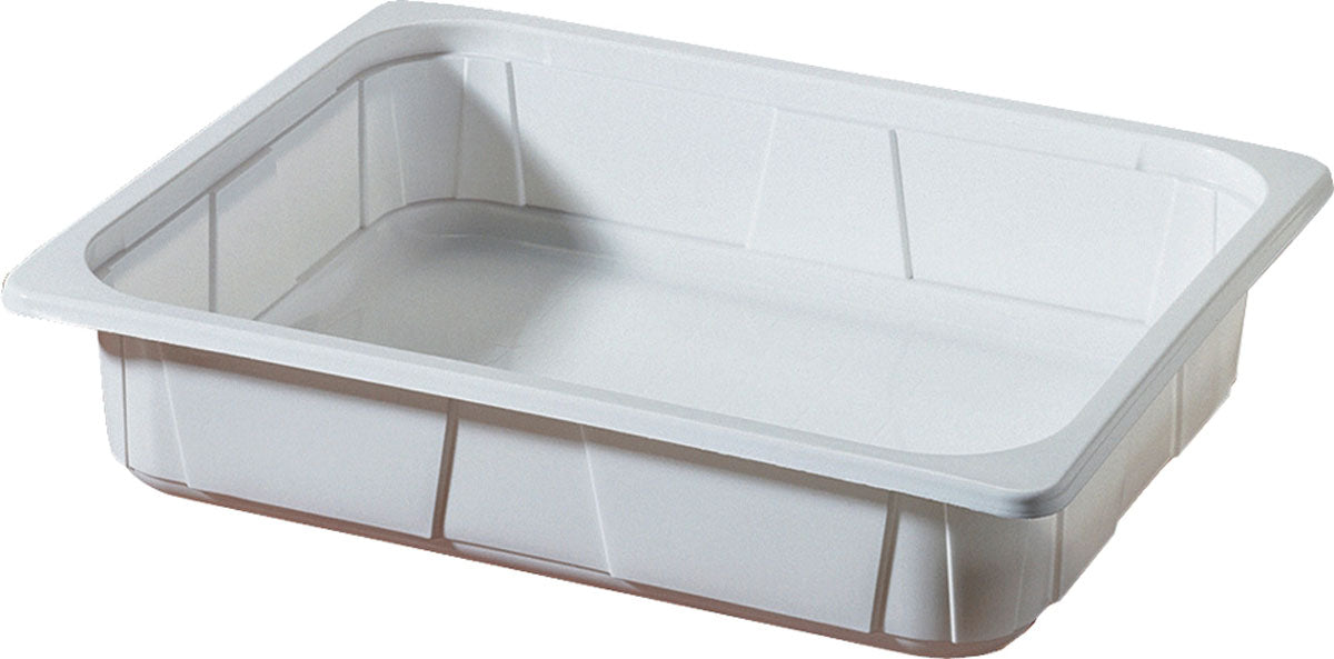 Die Duni GmbH PP Schale 1/2 GN Weiß PP 325x265 ist ein rechteckiges, flaches, weißes Tablett mit leicht erhöhten Seiten und abgerundeten Ecken, das sich perfekt für den Einsatz in der Gastronomie eignet und auf einem schlichten Untergrund präsentiert wird.
