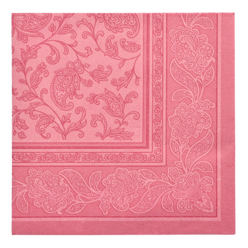 De PAPSTAR 20 servietter "ROYAL Collection" (1/4-fals, 40x40 cm) fra PAPSTAR GmbH presenterer seg i rosa rutemønster med preget paisley- og blomsterkant - perfekt for en stilfull borddekorasjon i premium kvalitet.