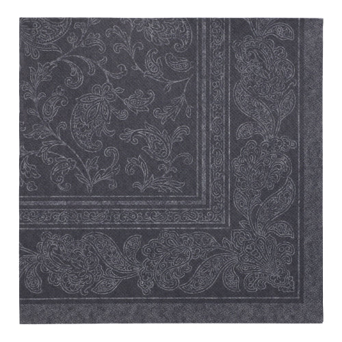 Mørkegrå PAPSTAR GmbH 20 servietter "ROYAL Collection" (40x40 cm, 1/4 brettet) med detaljert paisley- og blomsterkantmønster, fine linjer og diskret kant - laget av høykvalitets tissue.