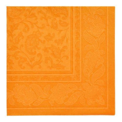 Serviettene "ROYAL Collection" 1/4-fals 40x40 cm fra PAPSTAR GmbH 20 servietter i oransje har en preget blomster- og bladkant med diskret virvledesign i midten - ideell for en elegant borddekorasjon.